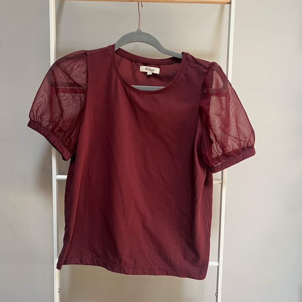 Maroon/Wine Red Madewell Sheer Mesh Puff Sleeve Tee